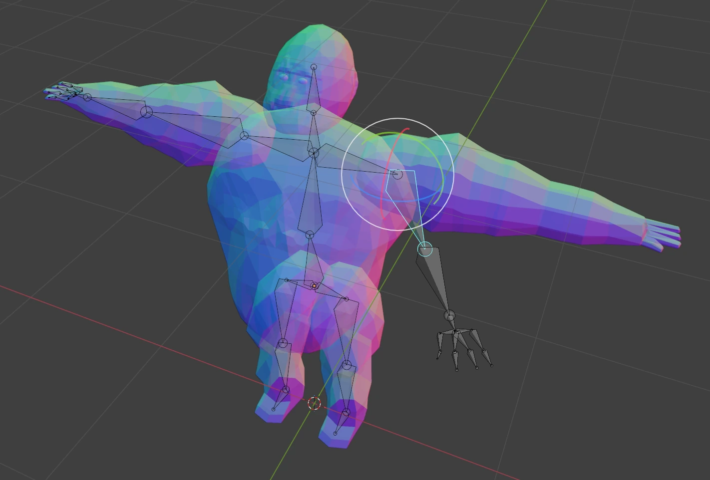 The same model as before, but the underlying bone structure has been rotated and is sticking out of the model.