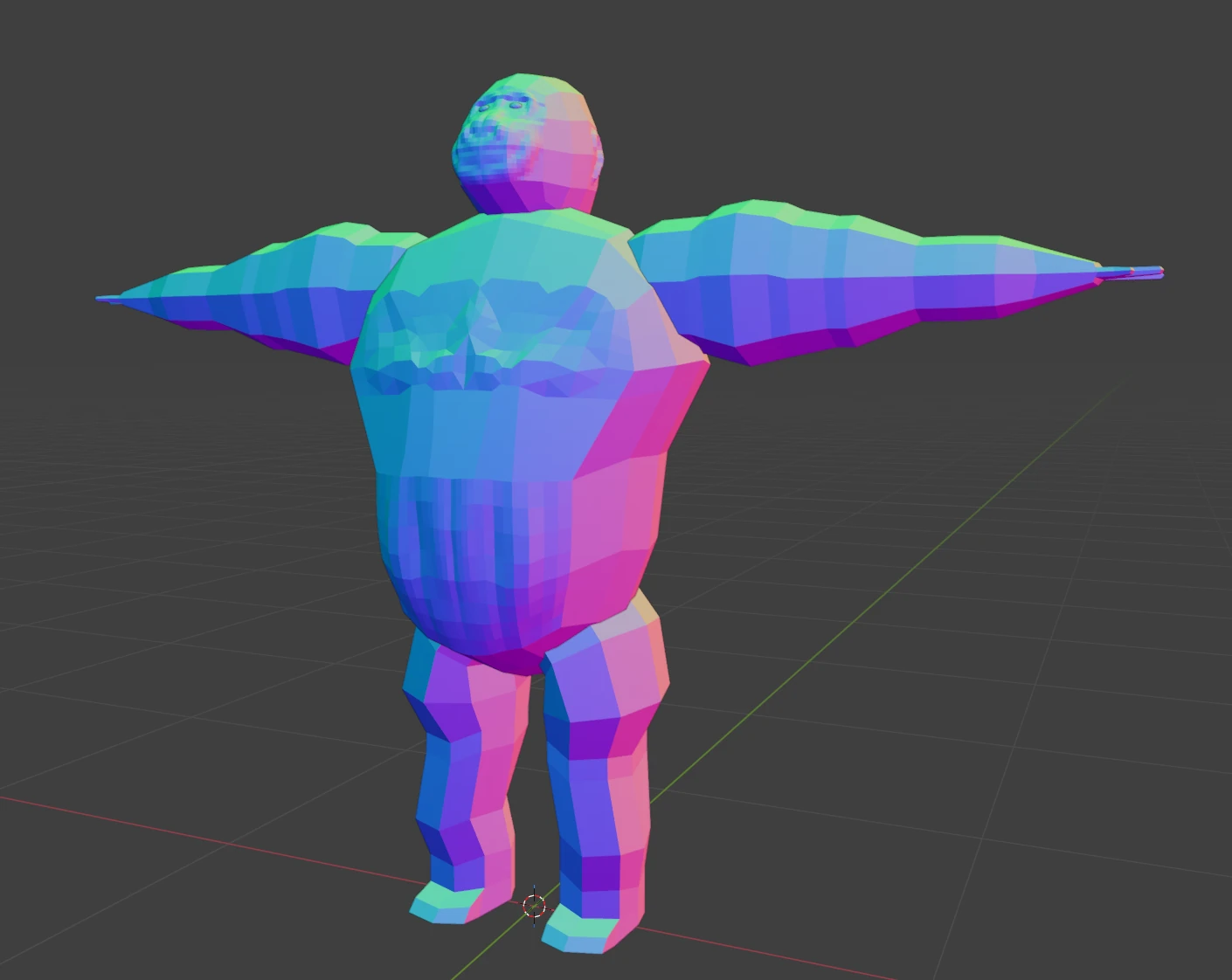 A humanoid shape with a face and pecs a T-Pose in the Blender3D modelling software