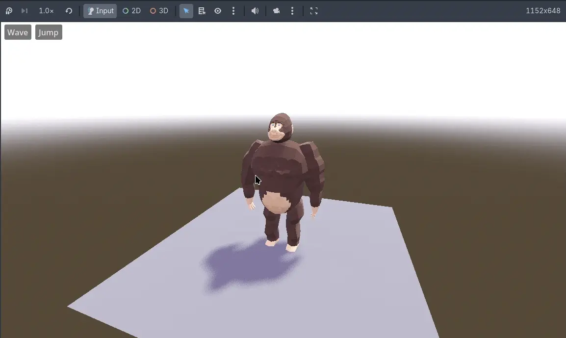 A gorilla standing on a ground sheet, lit by a basic directional light in the godot engine. It has an idle and wave animation