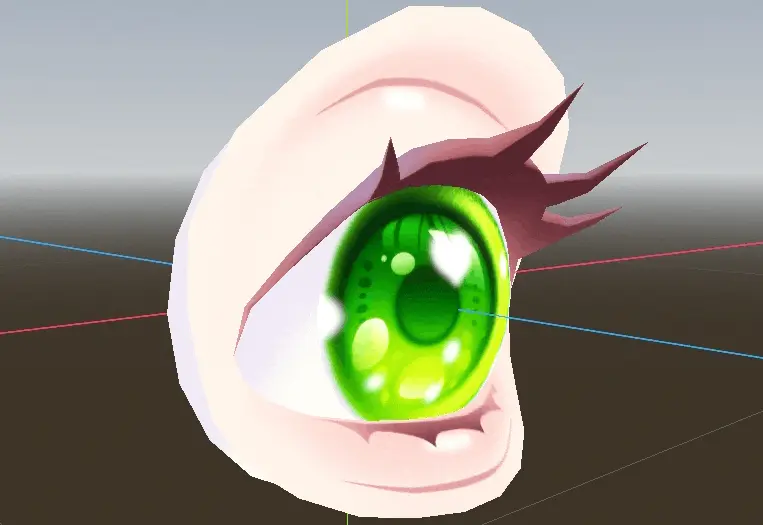 A 3D view of the eyes of an anime-style character. The pupil seems to distort and follow the camera, a shader effect.